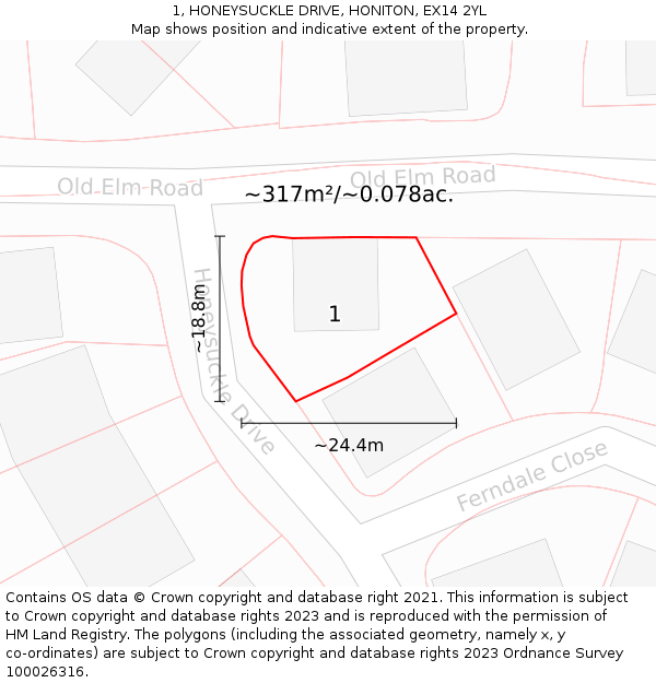 1, HONEYSUCKLE DRIVE, HONITON, EX14 2YL: Plot and title map