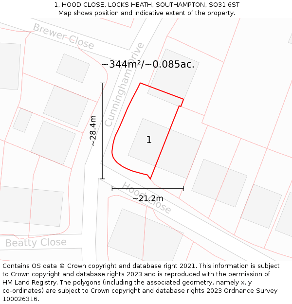 1, HOOD CLOSE, LOCKS HEATH, SOUTHAMPTON, SO31 6ST: Plot and title map