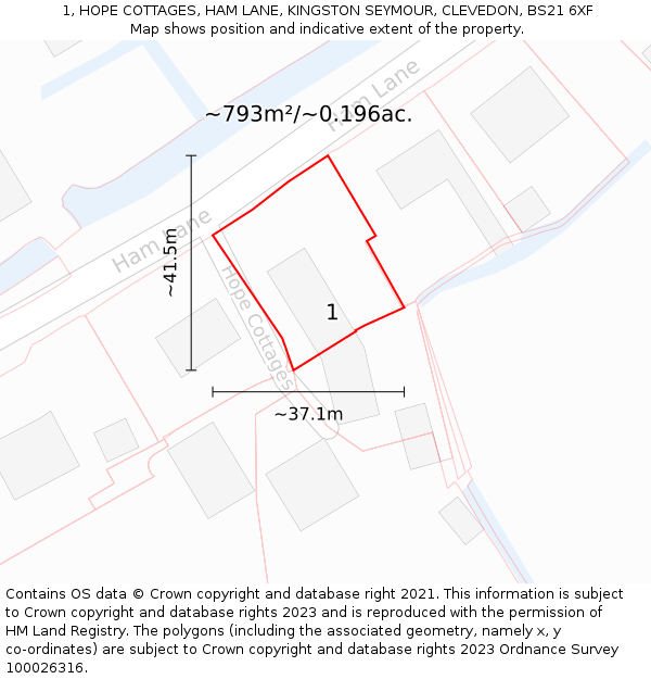 1, HOPE COTTAGES, HAM LANE, KINGSTON SEYMOUR, CLEVEDON, BS21 6XF: Plot and title map