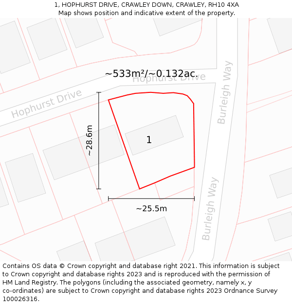 1, HOPHURST DRIVE, CRAWLEY DOWN, CRAWLEY, RH10 4XA: Plot and title map