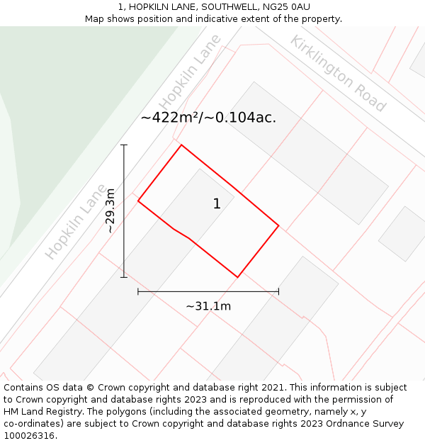 1, HOPKILN LANE, SOUTHWELL, NG25 0AU: Plot and title map