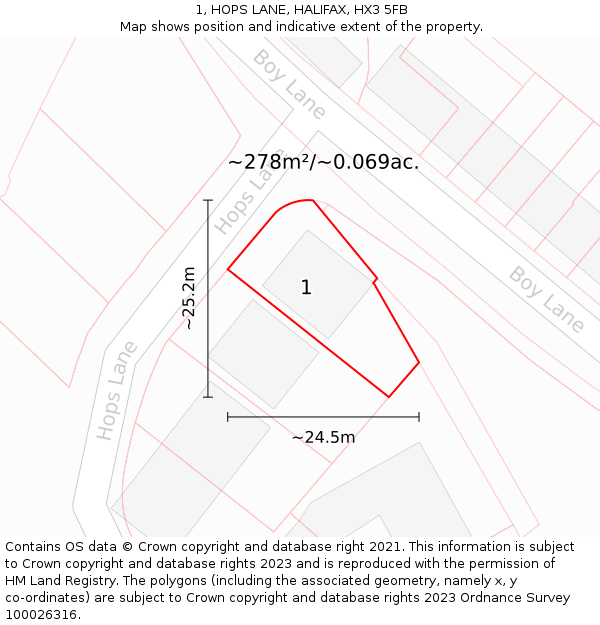 1, HOPS LANE, HALIFAX, HX3 5FB: Plot and title map