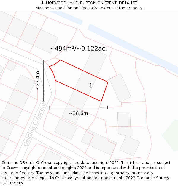 1, HOPWOOD LANE, BURTON-ON-TRENT, DE14 1ST: Plot and title map