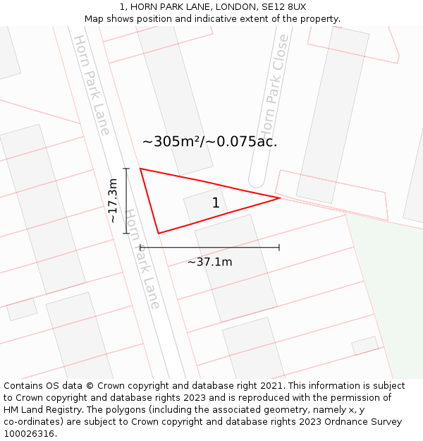 1, HORN PARK LANE, LONDON, SE12 8UX: Plot and title map