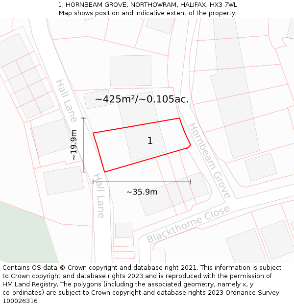 1, HORNBEAM GROVE, NORTHOWRAM, HALIFAX, HX3 7WL: Plot and title map