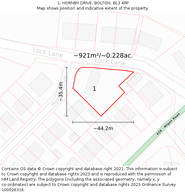 1, HORNBY DRIVE, BOLTON, BL3 4RP: Plot and title map