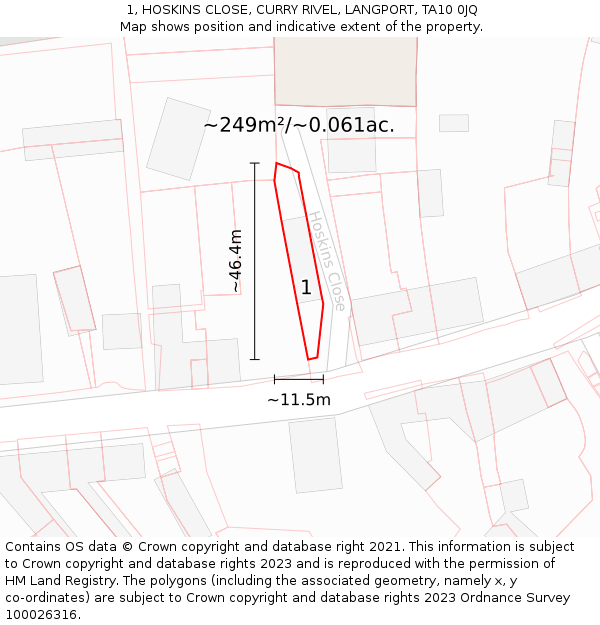 1, HOSKINS CLOSE, CURRY RIVEL, LANGPORT, TA10 0JQ: Plot and title map