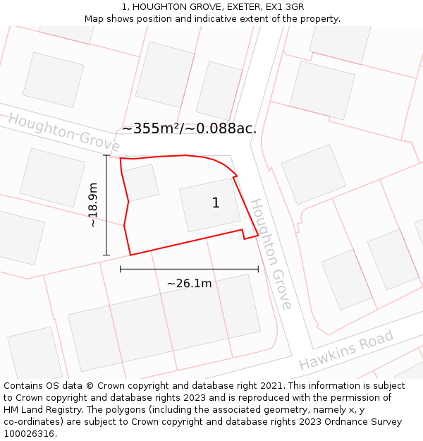 1, HOUGHTON GROVE, EXETER, EX1 3GR: Plot and title map