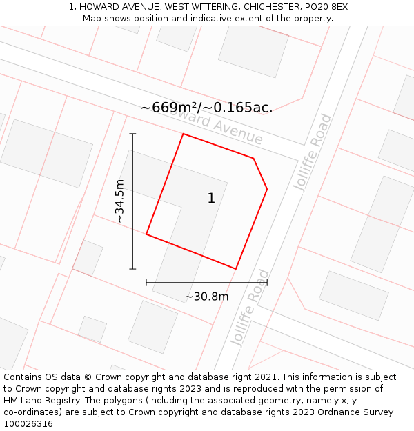 1, HOWARD AVENUE, WEST WITTERING, CHICHESTER, PO20 8EX: Plot and title map