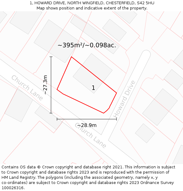 1, HOWARD DRIVE, NORTH WINGFIELD, CHESTERFIELD, S42 5HU: Plot and title map