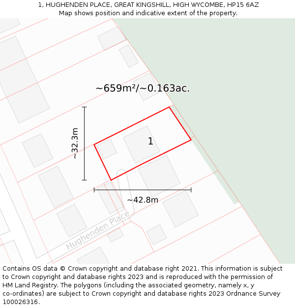 1, HUGHENDEN PLACE, GREAT KINGSHILL, HIGH WYCOMBE, HP15 6AZ: Plot and title map