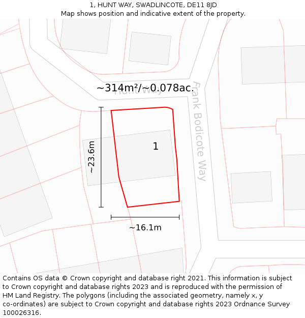 1, HUNT WAY, SWADLINCOTE, DE11 8JD: Plot and title map