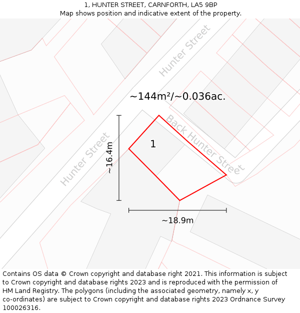 1, HUNTER STREET, CARNFORTH, LA5 9BP: Plot and title map