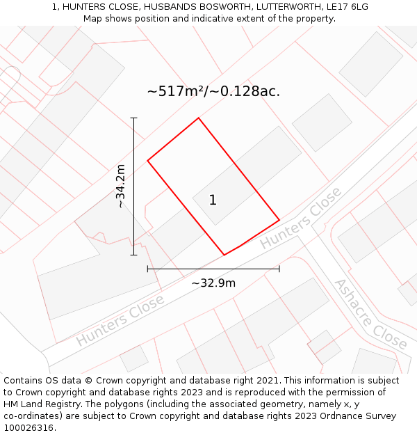 1, HUNTERS CLOSE, HUSBANDS BOSWORTH, LUTTERWORTH, LE17 6LG: Plot and title map