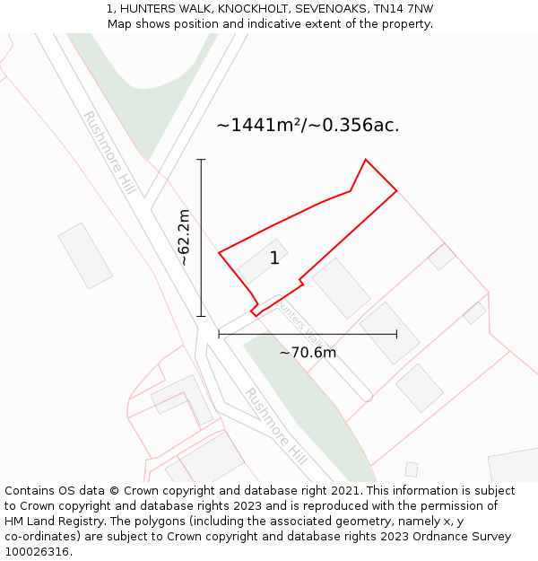 1, HUNTERS WALK, KNOCKHOLT, SEVENOAKS, TN14 7NW: Plot and title map