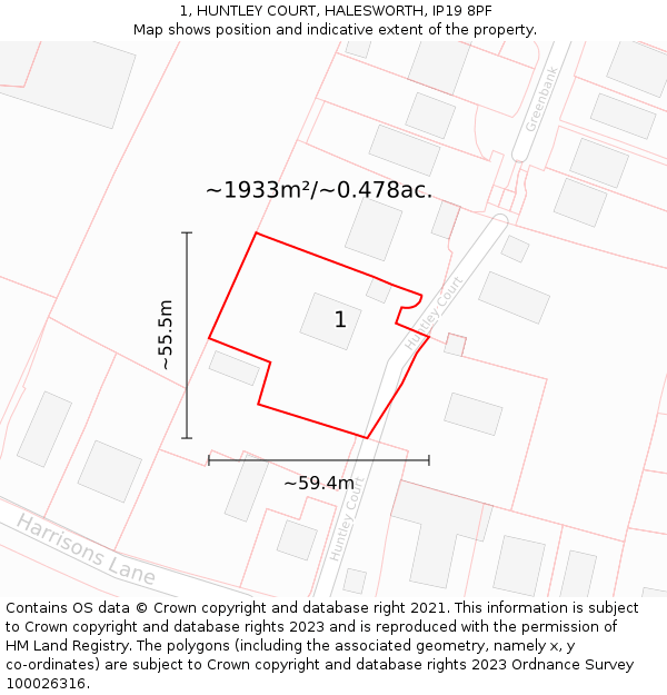 1, HUNTLEY COURT, HALESWORTH, IP19 8PF: Plot and title map