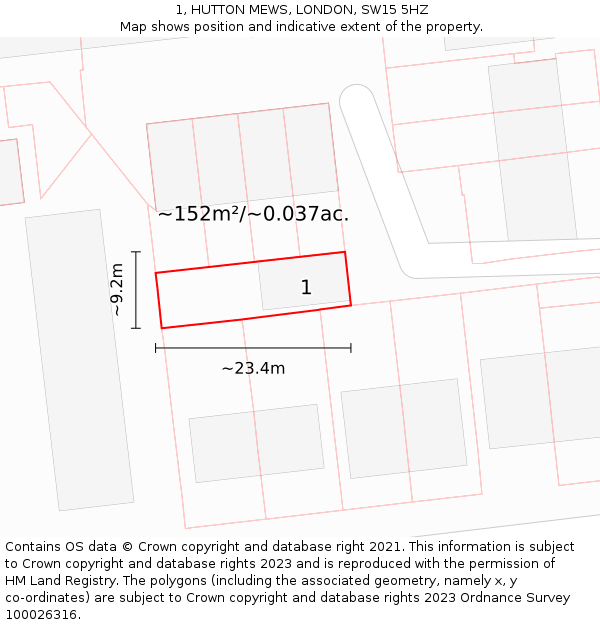 1, HUTTON MEWS, LONDON, SW15 5HZ: Plot and title map
