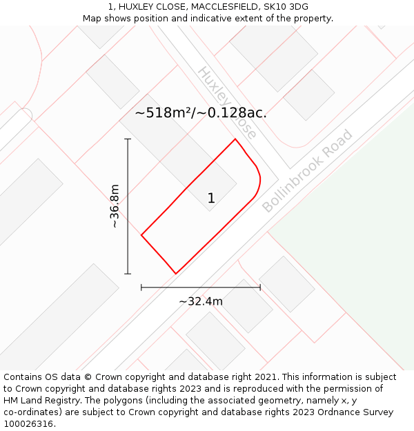 1, HUXLEY CLOSE, MACCLESFIELD, SK10 3DG: Plot and title map