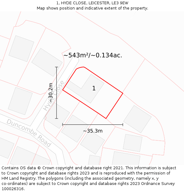 1, HYDE CLOSE, LEICESTER, LE3 9EW: Plot and title map