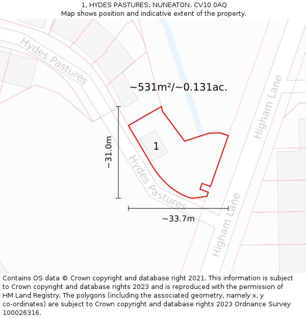 1, HYDES PASTURES, NUNEATON, CV10 0AQ: Plot and title map