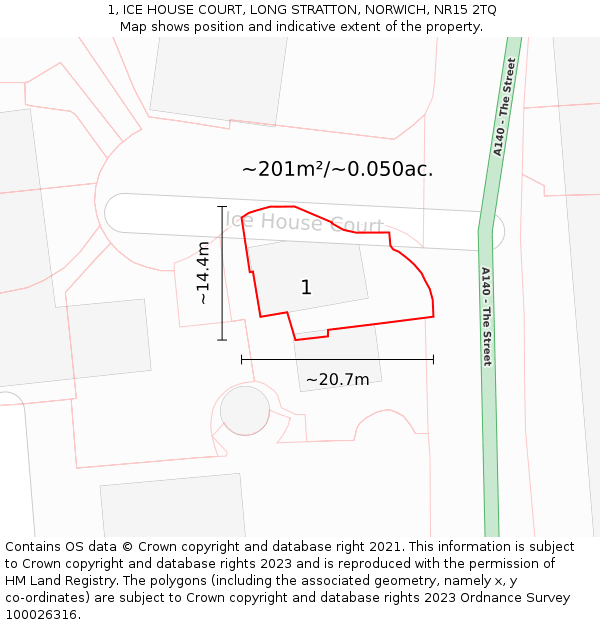 1, ICE HOUSE COURT, LONG STRATTON, NORWICH, NR15 2TQ: Plot and title map