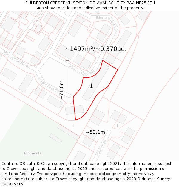 1, ILDERTON CRESCENT, SEATON DELAVAL, WHITLEY BAY, NE25 0FH: Plot and title map