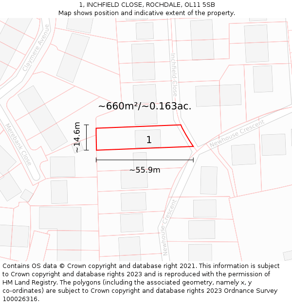 1, INCHFIELD CLOSE, ROCHDALE, OL11 5SB: Plot and title map