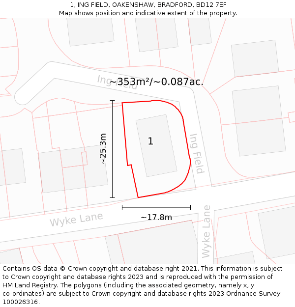 1, ING FIELD, OAKENSHAW, BRADFORD, BD12 7EF: Plot and title map