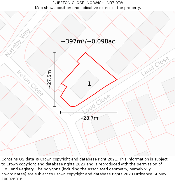 1, IRETON CLOSE, NORWICH, NR7 0TW: Plot and title map