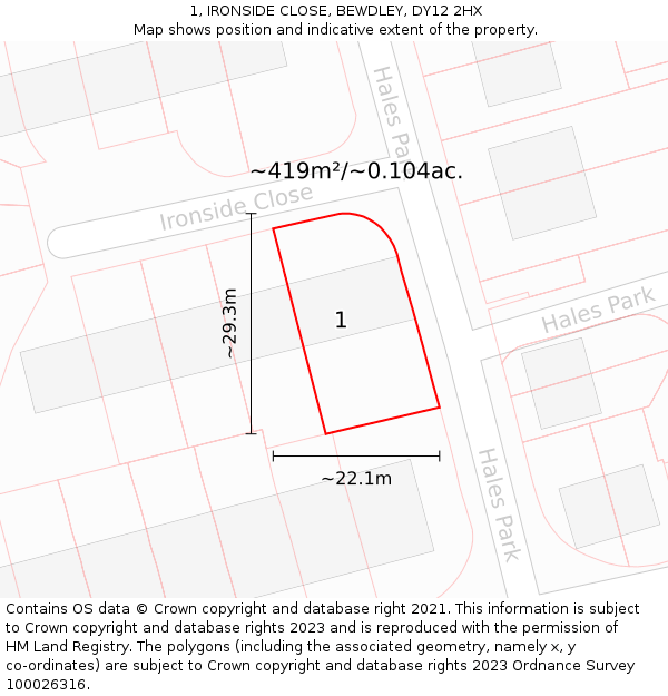 1, IRONSIDE CLOSE, BEWDLEY, DY12 2HX: Plot and title map