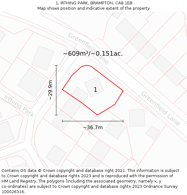 1, IRTHING PARK, BRAMPTON, CA8 1EB: Plot and title map