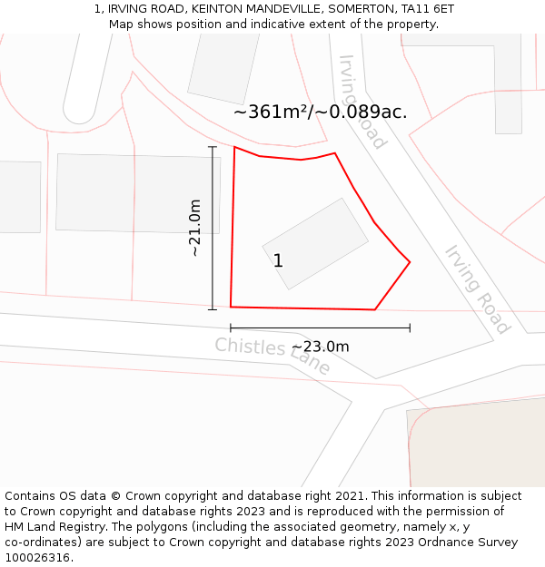 1, IRVING ROAD, KEINTON MANDEVILLE, SOMERTON, TA11 6ET: Plot and title map