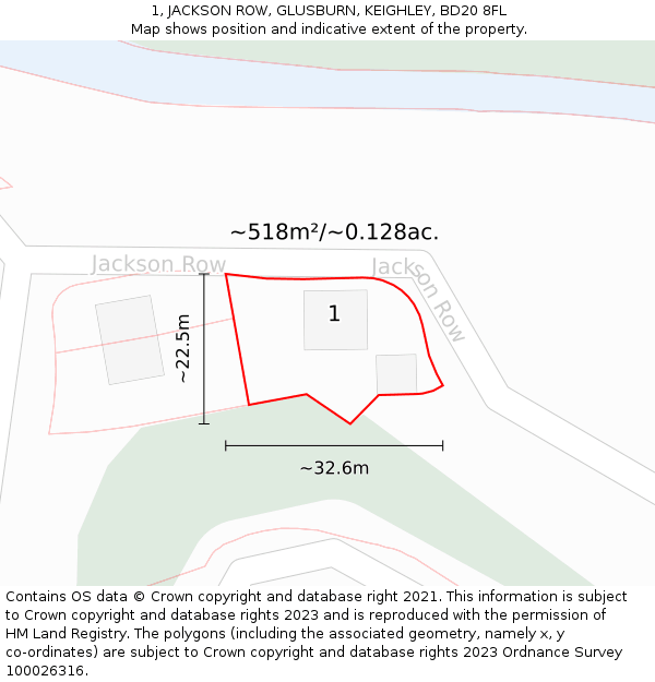 1, JACKSON ROW, GLUSBURN, KEIGHLEY, BD20 8FL: Plot and title map