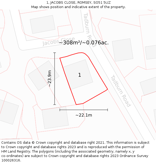 1, JACOBS CLOSE, ROMSEY, SO51 5UZ: Plot and title map