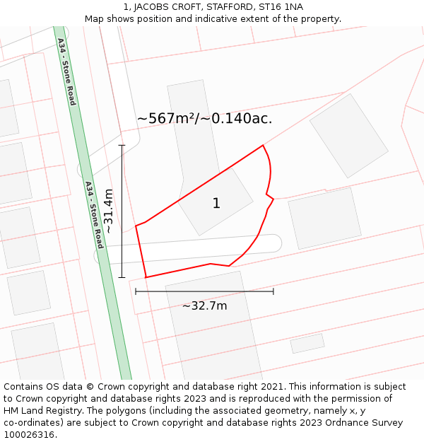 1, JACOBS CROFT, STAFFORD, ST16 1NA: Plot and title map