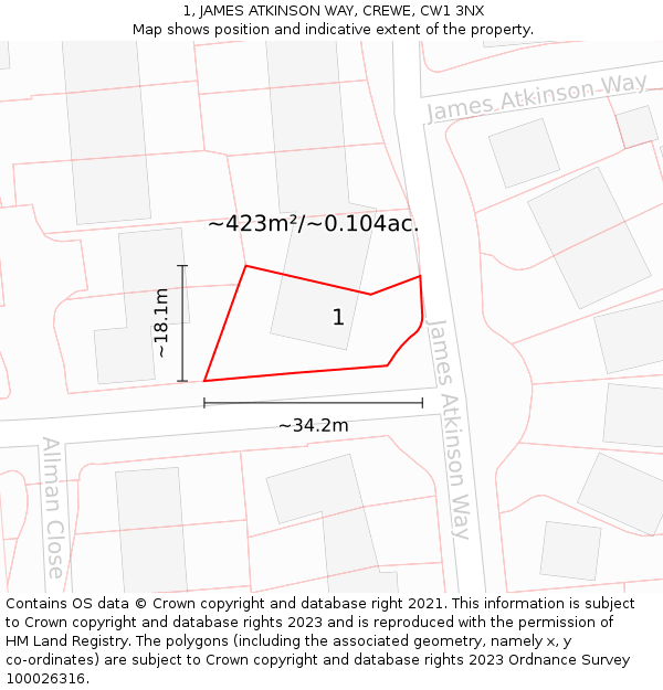 1, JAMES ATKINSON WAY, CREWE, CW1 3NX: Plot and title map