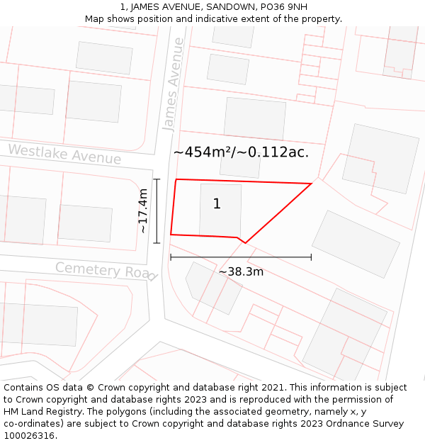 1, JAMES AVENUE, SANDOWN, PO36 9NH: Plot and title map