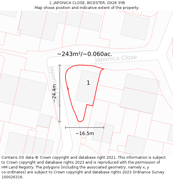 1, JAPONICA CLOSE, BICESTER, OX26 3YB: Plot and title map