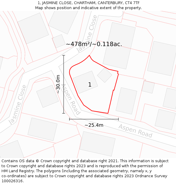 1, JASMINE CLOSE, CHARTHAM, CANTERBURY, CT4 7TF: Plot and title map