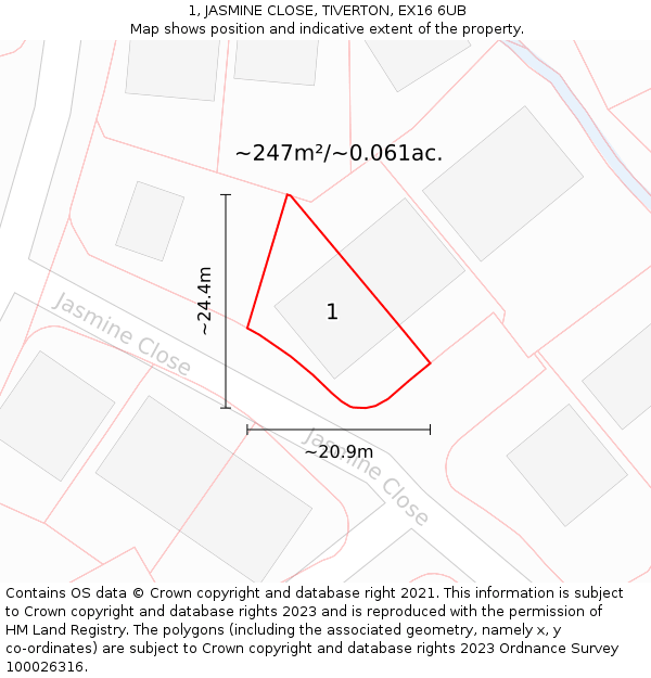 1, JASMINE CLOSE, TIVERTON, EX16 6UB: Plot and title map