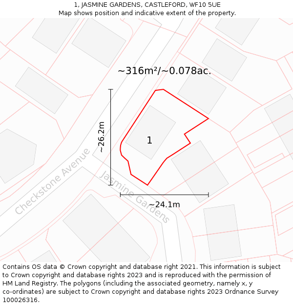 1, JASMINE GARDENS, CASTLEFORD, WF10 5UE: Plot and title map