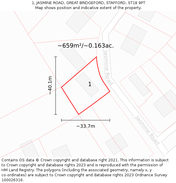 1, JASMINE ROAD, GREAT BRIDGEFORD, STAFFORD, ST18 9PT: Plot and title map