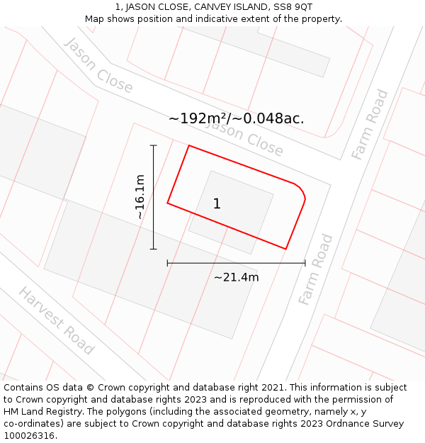 1, JASON CLOSE, CANVEY ISLAND, SS8 9QT: Plot and title map