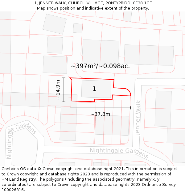 1, JENNER WALK, CHURCH VILLAGE, PONTYPRIDD, CF38 1GE: Plot and title map