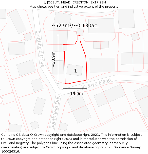 1, JOCELYN MEAD, CREDITON, EX17 2EN: Plot and title map