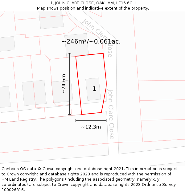 1, JOHN CLARE CLOSE, OAKHAM, LE15 6GH: Plot and title map