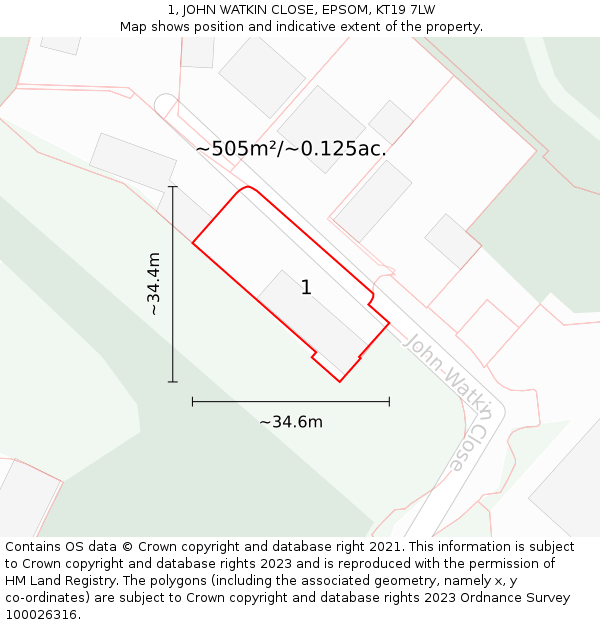 1, JOHN WATKIN CLOSE, EPSOM, KT19 7LW: Plot and title map