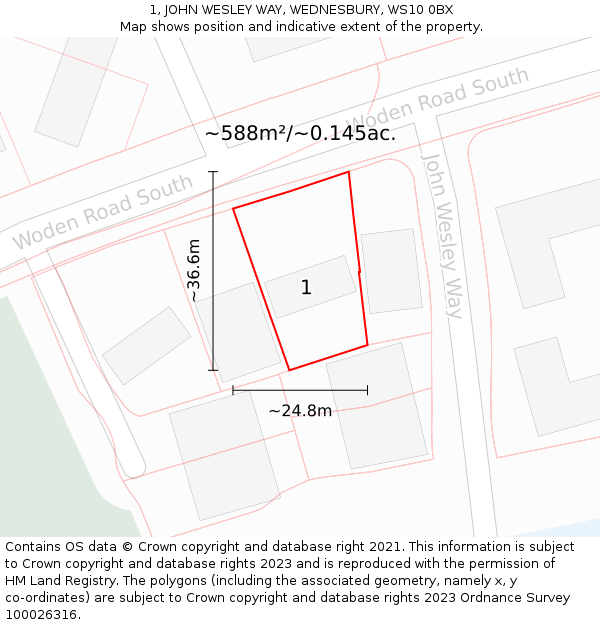 1, JOHN WESLEY WAY, WEDNESBURY, WS10 0BX: Plot and title map