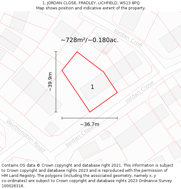 1, JORDAN CLOSE, FRADLEY, LICHFIELD, WS13 8PQ: Plot and title map