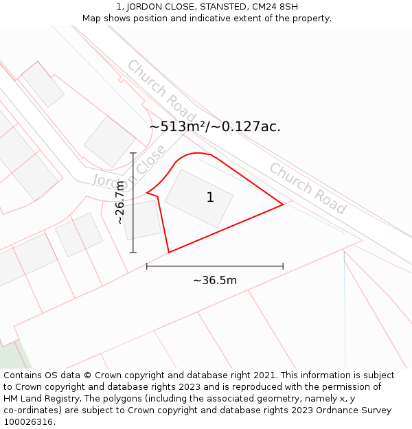 1, JORDON CLOSE, STANSTED, CM24 8SH: Plot and title map